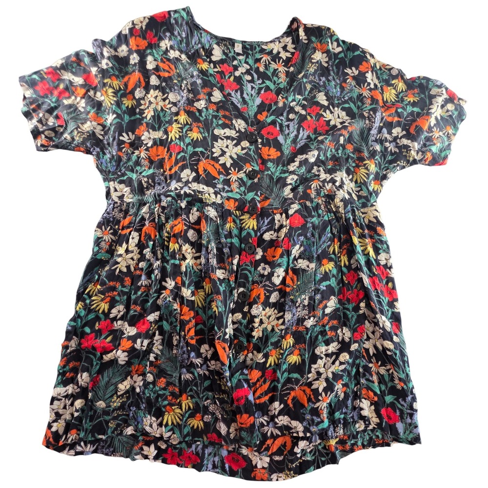 RVCA Floral Babydoll Dress Button Front Short Sleeve Wildflower Medium Beachwear